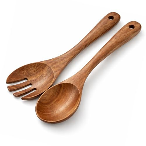 2 Piezas Servidores de Ensalada de Madera, 10.2 Pulgadas Cuchara y Tenedor de Madera para Ensalada, Mango Largo, Utensilios de Cocina Ideales también como Pasta Forks y Cuchara de Madera para Servir