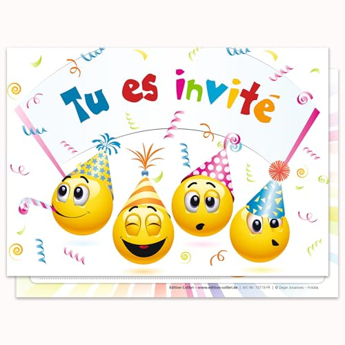 Edition Colibri (10719 FR Invitations avec des smileys (émoticône) en Français, lot de 10 cartes d‘invitation rigolotes Smiley-/Émoji pour un anniversaire