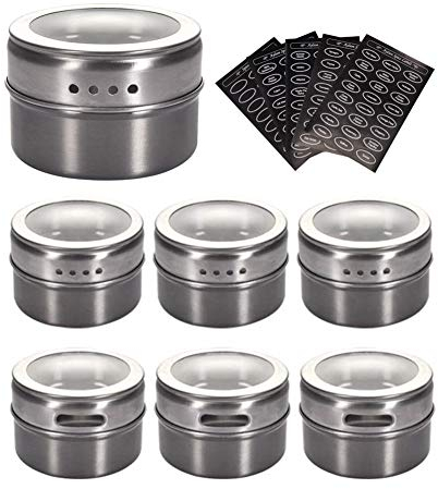 sinzau Stainless Steel Spice Jars, Magnetic Condiment Tins, Magnetic Spice Tins on Fridge (Pack of 6, 120 Labels)