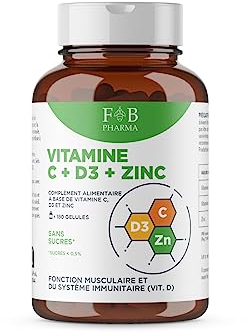 FB Pharma - Complément de Vitamine C et D et Zinc - 180 capsules à base de Vitamine C - Vitamine D - Zinc à haute dose, multivitamines et capsules de minéraux complètes