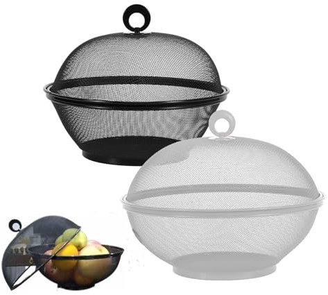Lot de 2 corbeilles à fruits en maille métallique avec couvercle pour légumes, restaurant, cuisine, conteneurs de 26 cm de diamètre, 2 couleurs (blanc + noir)