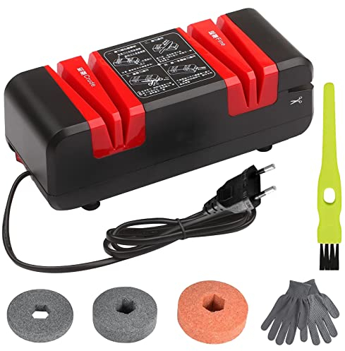 Elektrischer Messerschärfer, 2-Stufen Multifunktionaler Messerschärfer für schnelles Schärfen Polieren, kann Schere schärfen, Schlitzschraubendreher, mit austauschbaren Rädern, Bürste und Handschuhen