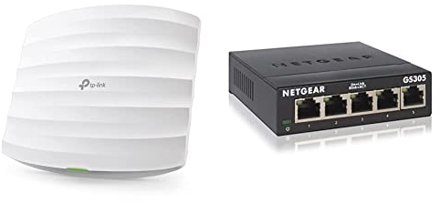 TP-Link EAP110 N300 WLAN Access Point (300Mbit/s 2 & NETGEAR GS305 LAN Switch 5 Port Netzwerk Switch (Plug-and-Play Gigabit Switch LAN Splitter, LAN Verteiler, Ethernet Hub lüfterlos), Schwarz