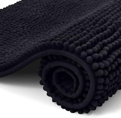 OLANLY Chenille Badematte rutschfest Badezimmerteppich Weich Badteppich Saugfähige Badvorleger Waschbar Duschvorleger für Badezimmer, 40 x 60 cm, Schwarz