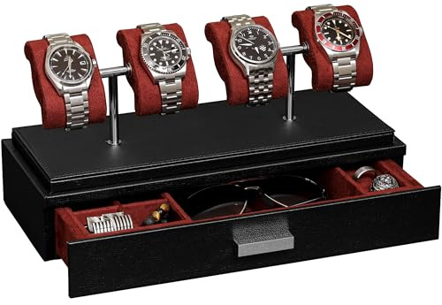 ROTHWELL Vitrine de luxe pour 4 montres – Ecrins pour montres en cuir avec couvercle en acrylique et coussins coulissants amovibles – Tiroir d'accessoires avec plusieurs configurations (noir/rouge)