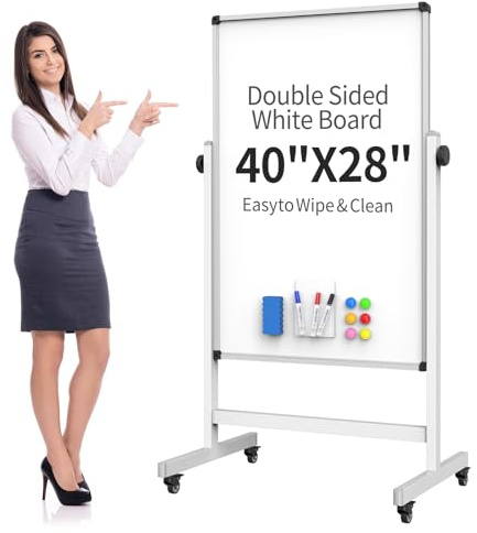 40x28 Inches Mobile Whiteboard, Double Sided Magnetic Dry Erase Board Height Adjustable Whiteboard with Stand for Home Office Classroom