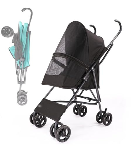 FUIERI Hundewagen Hundebuggy Hunde Katzen, Hundebuggy bis 10kg, Regenschirmstruktur Leichter Hundewagen für Kleine Hunde Wagen Buggy Atmungsaktive,Schwarz