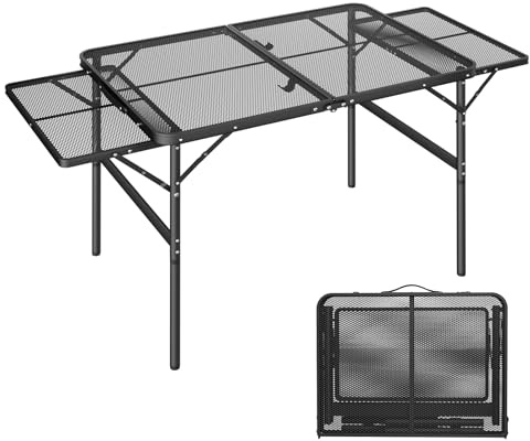AufuN Mesa de Camping Portátil 90x60x39cm - 2 Alturas Ajustables, Plegable Multifunción Con Placa de Rejilla de Metal - Para Barbacoa, Jardín, Playa y Pícnic
