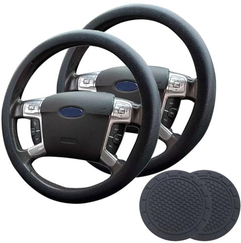Copertura del Volante dell'Automobile 6Pcs Copertura del Volante in Silicone Coprivolante Auto Nero Resistente all'usura e Antiscivolo con Sottobicchieri, Accessori Auto Elastici e Traspiranti