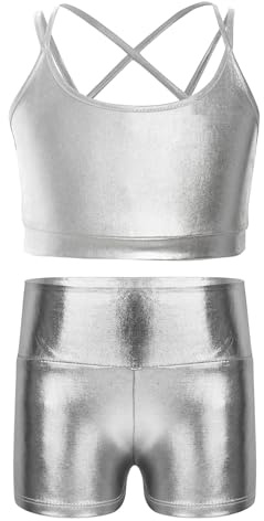renvena Bambina Ragazza Abito da Ballo Jazz Danza Moterna Crop Top Metallizzato Lucido Reggiseno Sportivo + Pantaloncini Pantaloni Corti Tuta da Ginnastica Argento 7-8 anni