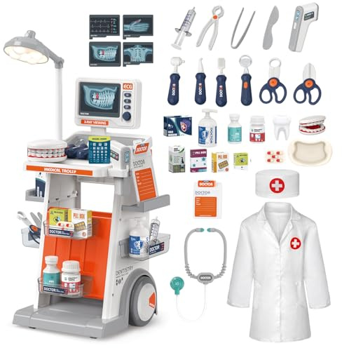 Medicos Juguete 32PCS Kit Doctora con Carrito Juguetes de Medicos Accesorios con Luces y Sonido, Termómetros, Estetoscopios y Ropa de médico para el Papel de Centro Medico Juguete 3 4 5 6 Años