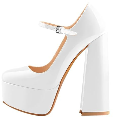 Blingqueen Chaussures à talons hauts Mary Jane pour femme avec plateforme et talon en bloc, Blanc., 46 EU