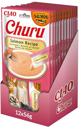 INABA Churu Gatos - Receta Saludable de Salmón - Snack con Vitamina E - Golosina Natural - Alto Contenido de Humedad - Textura Suave y Deliciosa - Sin Conservantes ni Colorantes - 672g (48x14g)