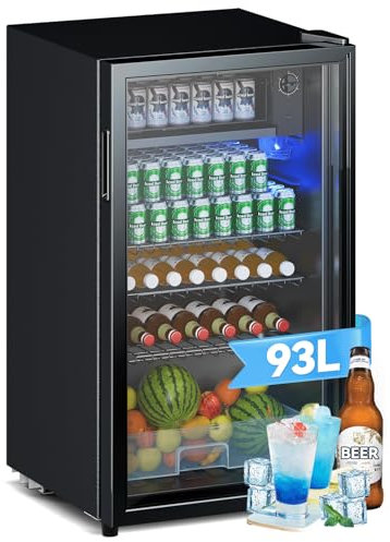 Devoko 93L Getränkekühlschrank mit Glastür und interner LED-Beleuchtung, mit höhenverstellbaren Regalen, kompakter Kühlschrank für Cola, Bier, Wein, ideal für Haushalt, und Büro, Schwarz