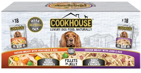 COOKHOUSE 100% Natural & Complete Luxury Wet Dog Food - 36 x 100g Pouches - Chicken Breast with Vegetables & Rice/Chicken Breast with Liver & Rice - Fillets in Jelly