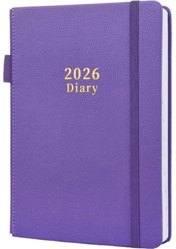 Moseem Diary 2026, 2026 Diary A5 Page a Day from 2026 January to December,Hardcover Daily Planner,Elastic Pen Holder,2 Bookmark,Pen Loop and Inner Pocket,Purple