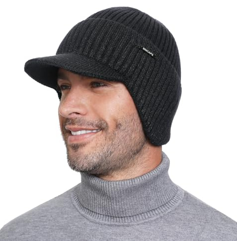 Wmcaps Mens Beanie with Brim and Ear Flaps, Windproof Fleece Lined Knit Winter Hat, Warm Outdoor Mens Wooly Hats, Gifts for Dad, Dark Grey