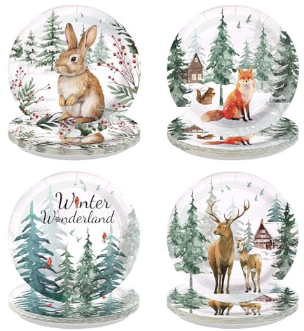 Greencian 60Pcs Winter Woodland Animals Disposable Paper Plates 9” Winter Wonderland Heavy Duty Paper Plates with Bunny Fox Deer Patterns for Christmas Holiday Party Supplies Decorations