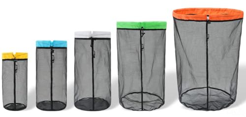 Nasebila Mesh Bags Drawstring 5 Pack - Lightweight Stuff Sack for Travel, Backpacking & Camping - Compression Sack for Sleeping Bag Storage