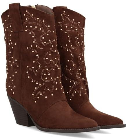 Bota Cowboy para Mujer con Diseno de Cana Media con Tachuelas metalicas. Punta Fina y Tacon Cubano. Tirador Lateral y Cierre de Cremallera. Ideal Otono Invierno.