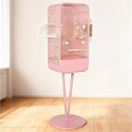 50 Inch Wrought Iron Bird Cage with Stand, Floor-Standing Landscape Bird Cage, Bird Aviary with Transparent Door for Small Parrots Parakeets Cockatiels (Pink)