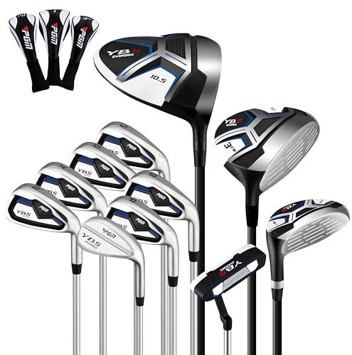 PGM 14 Pieces Men's Complete Golf Club Set - Full Set with 460cc Driver, Fairway, Hybrid, Irons, Putter & Headcovers - Right Handed - Ideal for Beginners -Steel(Without Golf Bag)