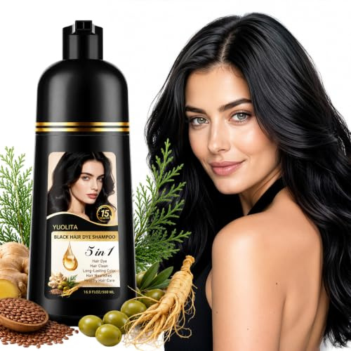 Black Hair Dye Shampoo 5 in 1,Herbal Ingredients Natural Hair Color Shampoo for Gray Hair, Long Lasting Semi-Permanent Hair Coverage for Women & Men, Mild Formula, Lasts 30 Days, 500ML