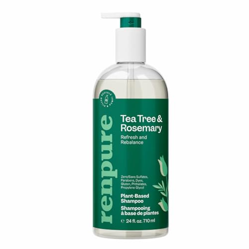 Renpure Plant Based Tea Tree and Rosemary Refresh and Rebalance Shampoo - Soothes Dry Scalp - Delivers Moisture and Shine - Rids Hair of Grime - Dye Free - Recyclable, Pump Bottle Design - 24 fl oz