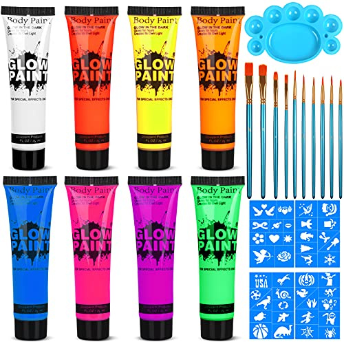 UV Blacklight Neon Face and Body Paint, 8 Tubes 0.84oz Glow in the Dark Body Paints, Neon Fluorescent Glow in Dark Party Supplies