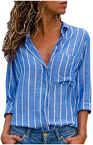 Blusa y Camisas de Manga Larga Para Mujer con Cuello en V, Camiseta de Estilo Casual Elegante Ajustada Irregular Oversized Deportiva Fiesta Rayas Túnica Tops Mangas Enrolladas con Botones(D Azul,XXL)