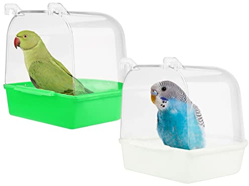 WideSmart 2pcs Bañera para Pájaros,Baño de Loros Caja de Ducha Colgante de Loro Jaula de Bañera de Pájaros con Ganchos Suministros para Jaulas de Pájaros para Canarios Periquitos y Loro