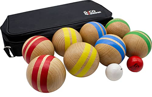 GICO Boccia Spiel aus Massivholz, gestreift mit 8 Kugeln, Durchmesser 7 cm. Made in EU -Spiel gut Auszeichnung- 3021