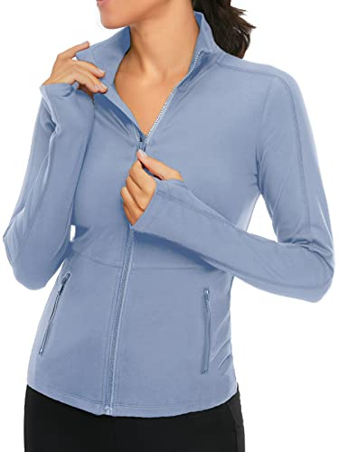 VUTRU Donna Giacca da Corsa Collo Alto Sportiva Leggera Manica Lunga Camicia Yoga Fitness Traspirante con Fori per Pollici e Zip Integrale Blau Hell XXL