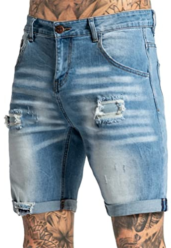 Oanviso Jeans Pantaloncini da Uomo Strappati Pantaloni Corti in Denim Casual Elasticizzati Shorts con Tasca Pantaloncini di Jeans Eleganti e Comodi Estiva Bermuda Pantaloncini A Blu Chiaro L
