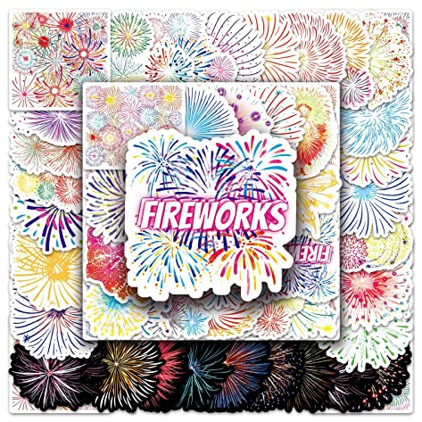 Fireworks Stickers Pack of 50 Vinyl Cool Colour Fireworks Stickers for Laptop Suitcase Skateboard Water Bottles Guitar Luggage Car Bicycle Waterproof Aesthetic Kawaii Decal for Children Teenagers