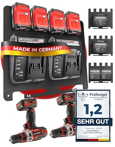 Adlerfokus Wandhalterung für Einhell Akkus & Ladegeräte [Made in Germany] Einhell Akkuhalter Wandhalterung mit Premium Montagematerial - Einhell Akku Wandhalterung 18V - Einhell Akku Halterung Wand