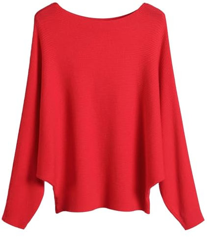 Cegerne Damen Pullover Elegant Oversize Pulli Langarm Shirt Sweatshirt Strickpullover Batwing Fledermausärmel Knitted Sweater Oberteil Tops, Rot