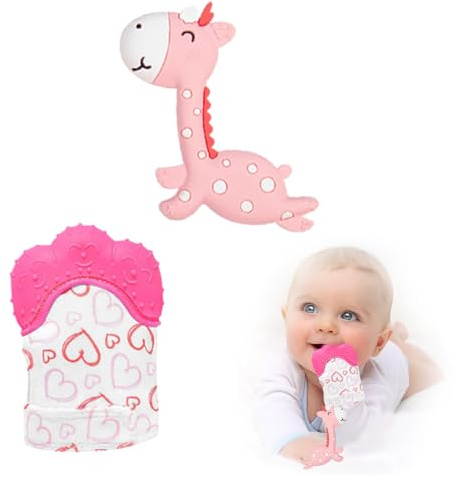 2 Pack Baby Teething Set - Teething Mitten & Giraffe Teething Toy for Soothing Pain Relief, Pink