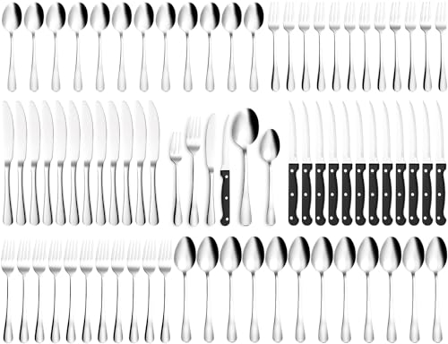 Set Posate 12 Persone, 72 Pezzi Posate Acciaio Inox con Coltello da Bistecca, ltamente Lucidate e Lavabili in Lavastoviglie, Servizio Posate Eleganti, per Casa, Festa, Ristorante