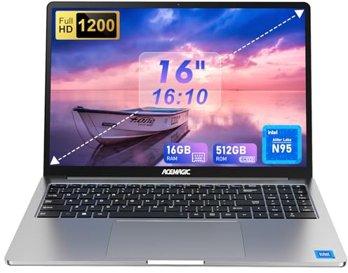 ACEMAGIC 16 inch FHD Display laptop, Quad-Core N-95 Processor Up to 3.4GHz（Beat N5095） laptop computer, 16GB DDR4 512GB SSD Notebook Computers with Metal Body Support WiFi, BT5.0, 3*USB3.2