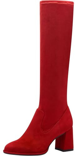 Tamaris Botas de Caña Larga para Mujer, Textiles, Tacón Cuadrado, Veganas, Rojo, 37 EU