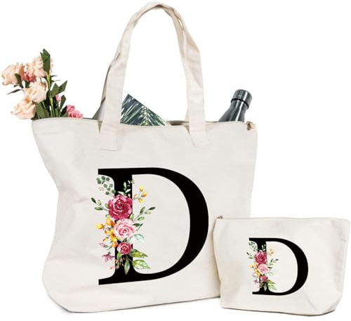 Letras Personalizadas Bolsa de lona, Bolso Tote de Mujer con Inicial y Flores Bolsa de Compras con Bolsillo Interior Alfabeto Bolso de Cosméticos Regalos para Damas Amigas Mamá Regalo Cumpleaños(D)