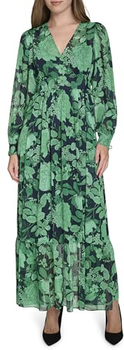 Tommy Hilfiger Maxi abito da donna con maniche a palloncino e polsino incrociato, Capitano del cielo/Verde abbondante, 52