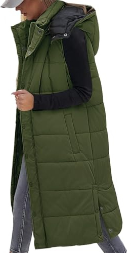 Vancavoo Chaleco Largo Mujer Invierno Chaleco Acolchado con Capucha Abrigo sin Mangas y Cremallera Abrigo de Cálidos on Bolsillos(Verde militar,M)
