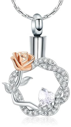 ADENLA Collier urne funéraire en Forme de Rose pour Cendres, pour Femmes et Filles, Pendentif Couronne en Acier Inoxydable, Cadeau Souvenir commémoratif, Blanc