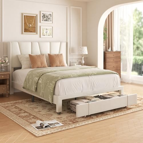 viplov Double Bed Frame, 4ft7 Upholstered Platform Bed with Tufted Headboard & Wing Side and Storage Drawers, Wood Slat Support, Mattress Foundation, No Box Spring Needed, Beige
