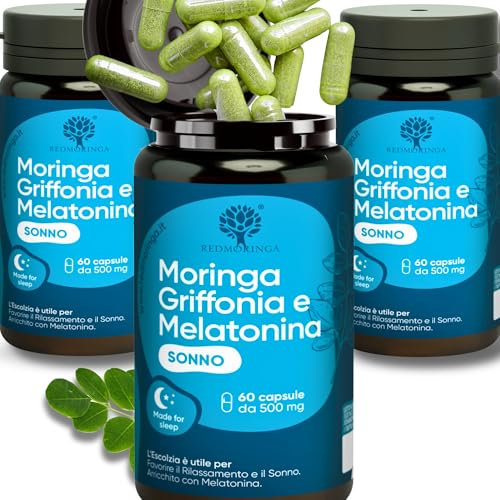 Melatonin-Nahrungsergänzung zum Schlafen mit Griffonia 5-HTP | 100% Natürlich für Schlaf & Entspannung | Melatonin, Griffonia, Moringa, Kalifornischer Mohn, Baldrian & Melisse |180 Pflanzliche Kapseln