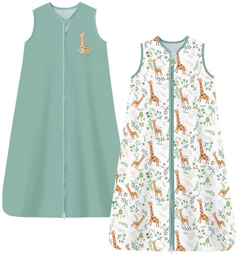 Chilsuessy 2er Pack Sommerschlafsack Baby Schlafsack Kleine Kinder Schlafanzug ohne Ärmel für Sommer und Frühling 100% Baumwolle, Hellgrün + Giraffe, 110/Baby Höhe 110-125cm
