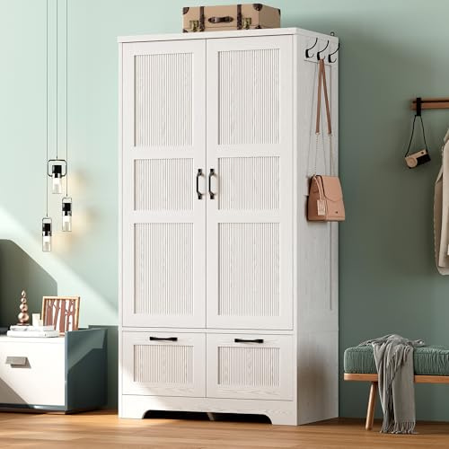 ANCTOR Armoire Wardrobe Closet, 71 H Wooden Clothing Storage Cabinet with 2 Doors and 2 Drawers, Bedroom Freestanding Wardrobe Combination with Hanging Rod and Shelves, White