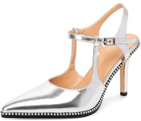 EDEFS Escarpin Pointe Fine Slingback Soirée - Talons Hauts 9cm en Cuir Verni Noir avec Strass Femme - Taille Argent EU37